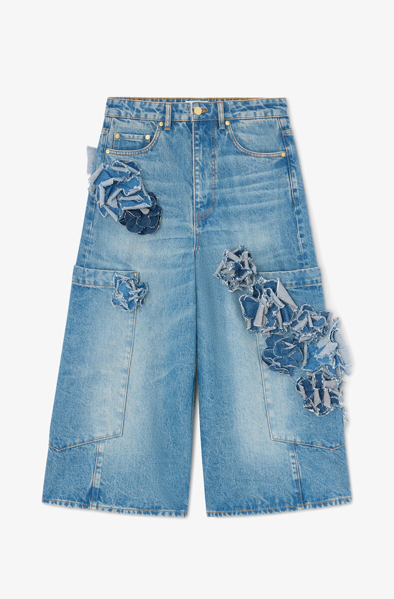 Löjliga korta jeans i blomstertryck med tyg